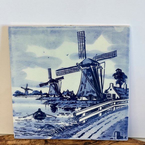 Delft Blue Vintage Dutch Hand Painted Windmill Water 6” Tile Trivet Delftware - Picture 1 of 9